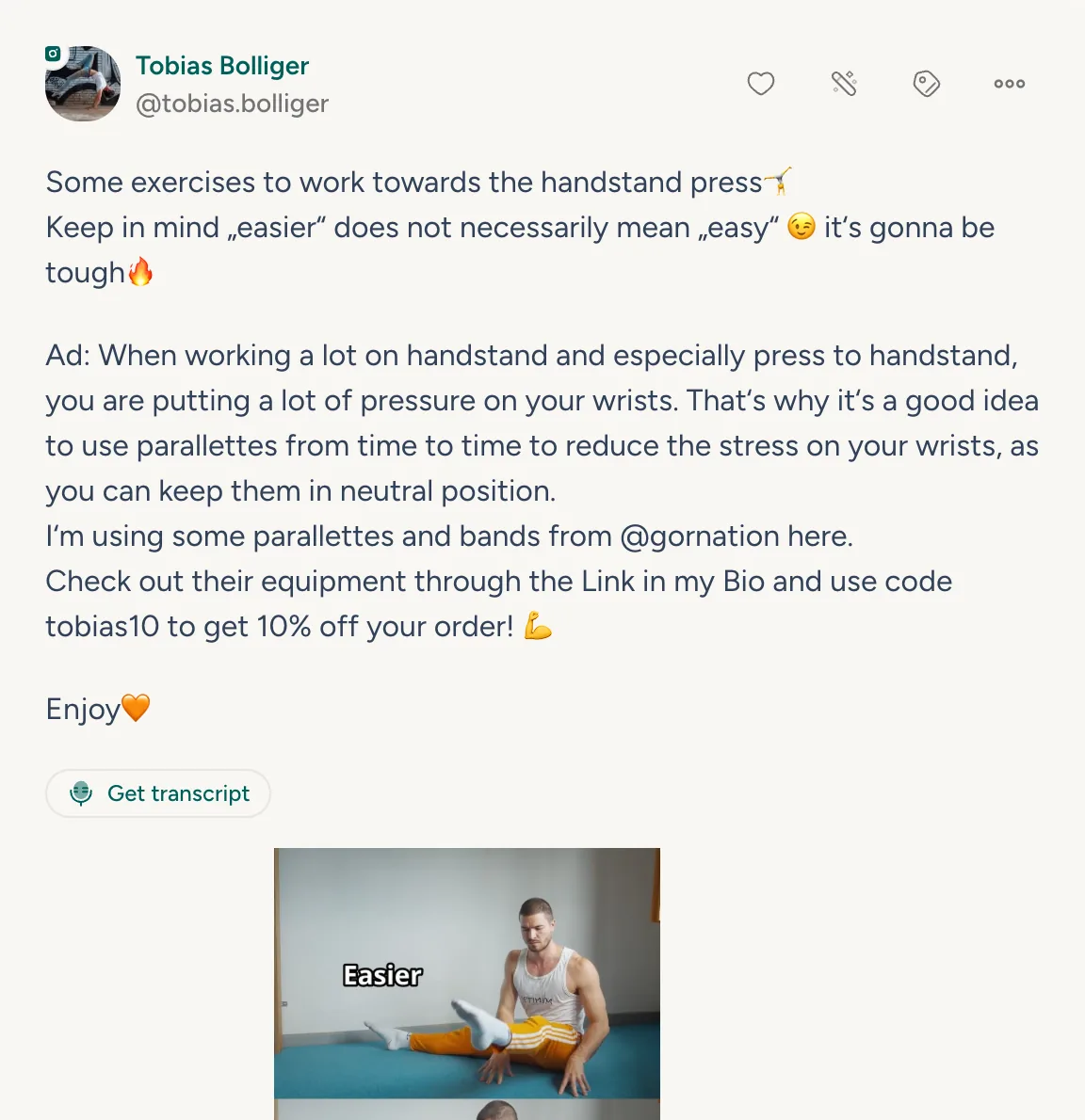 An Instagram post saved as a highlight, with its videos and a Get transcript button