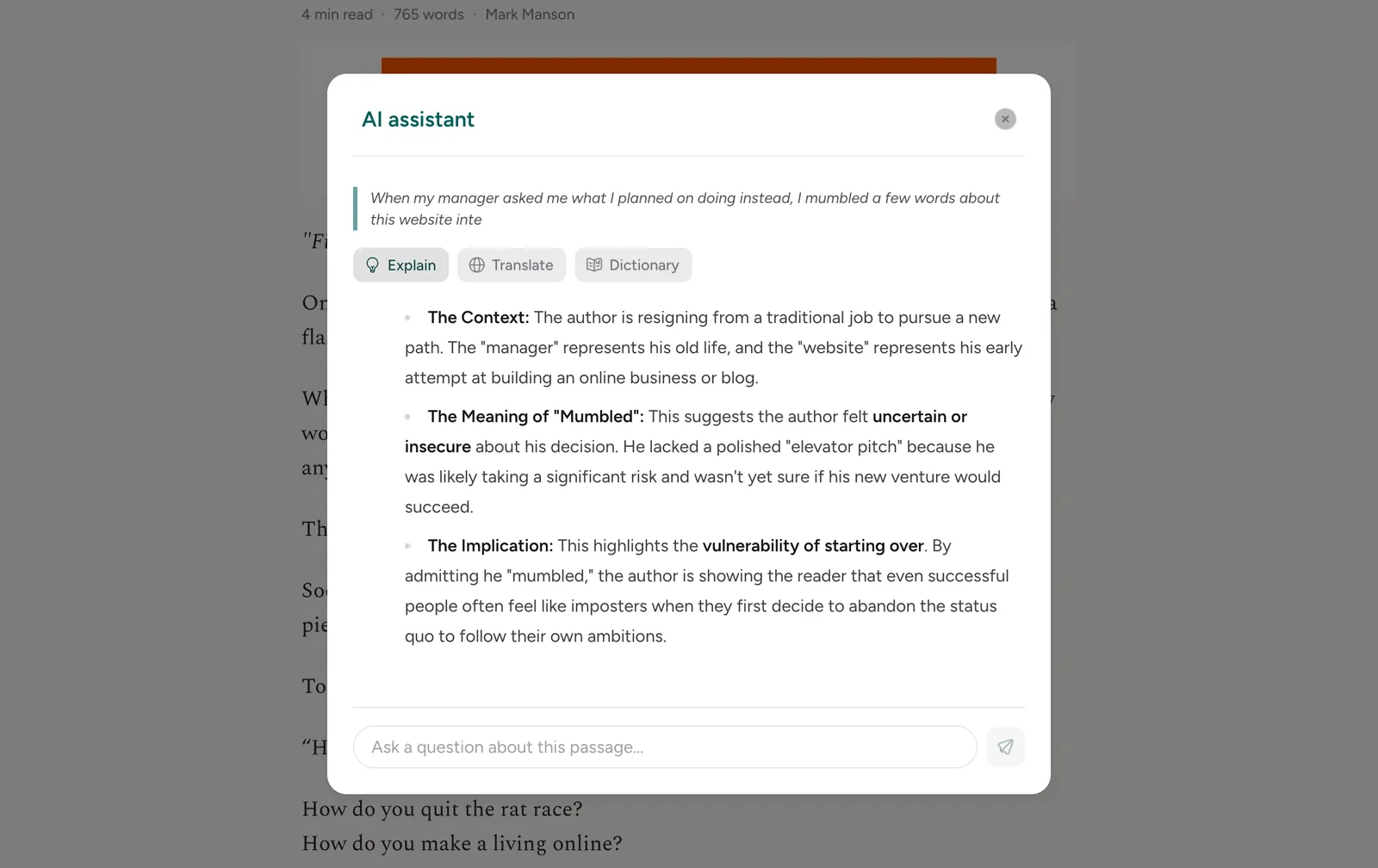 The reader's AI assistant explaining a selected passage