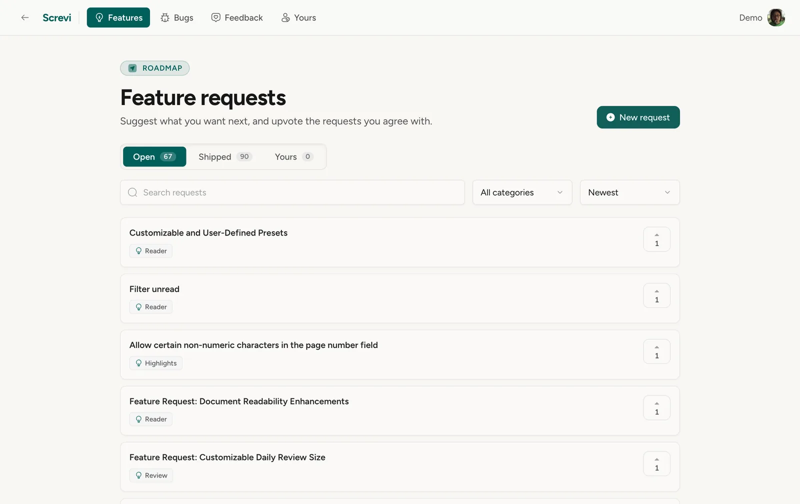 The roadmap as a single list with Open, Shipped, and Yours tabs