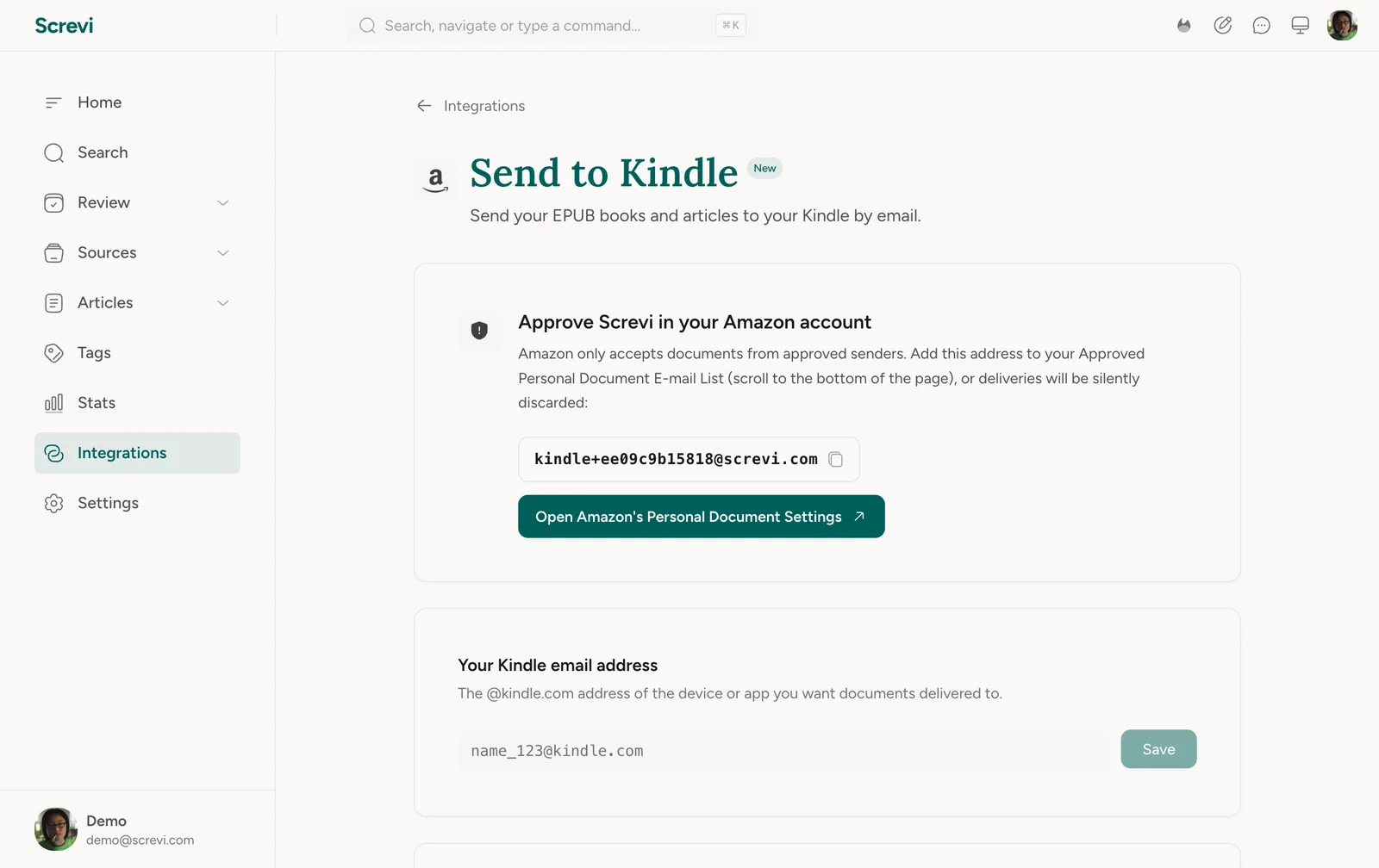 Send to Kindle settings page in Screvi