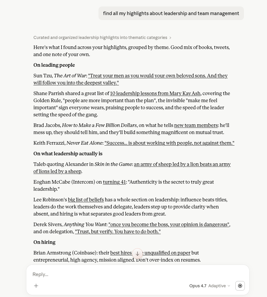 Claude answering a question with highlights pulled from a Screvi library