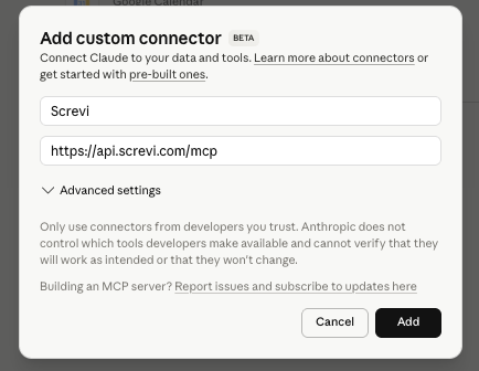 Adding Screvi as a custom connector in Claude